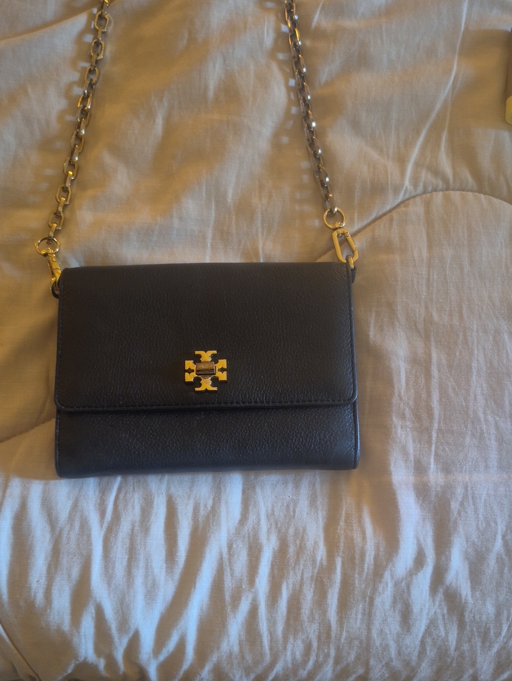 Tory Burch Black Leather Crossbody with Gold Chain